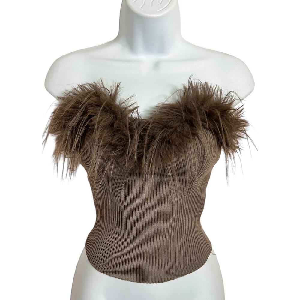 Taupe Knit Bandeau Tube Top Sz Small Faux Feather Sleeveless Stretch Ribbed - Picture 5 of 5